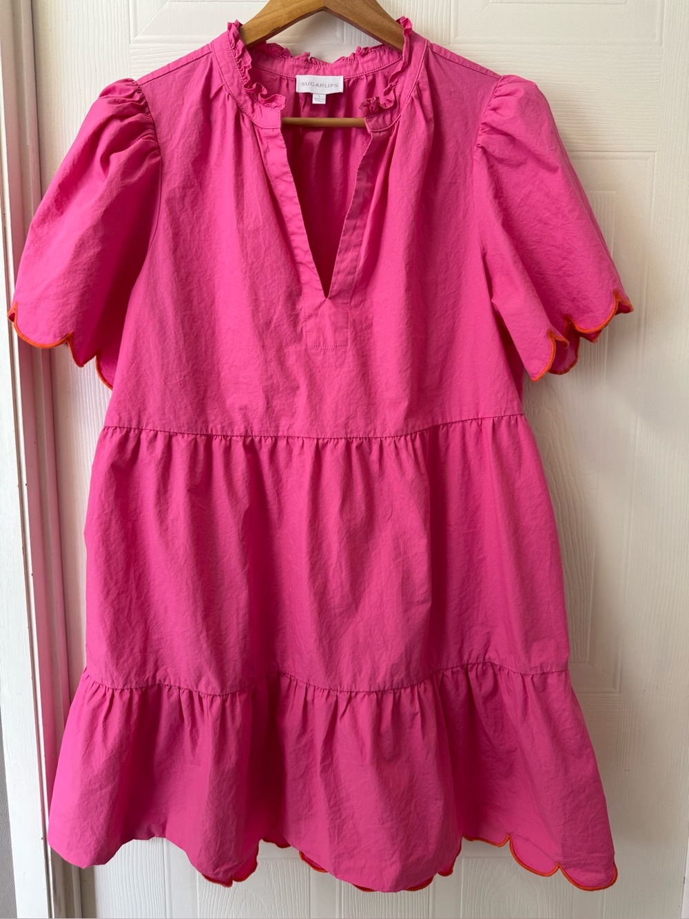 Sugarlips Hot Pink Tiered Mini Dress with Orange Scallop Trim